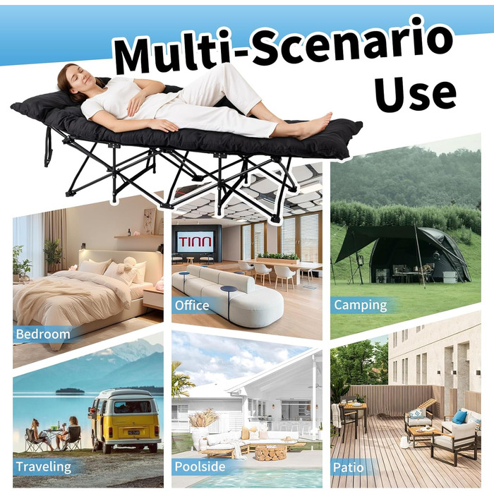 Ліжко похідне розкладне LEADZM з матрацом, 190x71x36 см, сталевий каркас, для кемпінгу, туризму та дому, чорне