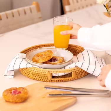 Rattan Round Serving Tray, Woven Serving Tray with Cutout Handles, Fruit/Bread Serving Basket, 30 cm
