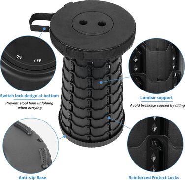 Крісло-телескоп для кемпінгу, регулювання висоти 6-45 см, вантажопідйомність 181 кг, портативне з ремінком для перенесення (Чорний, 2 шт.)