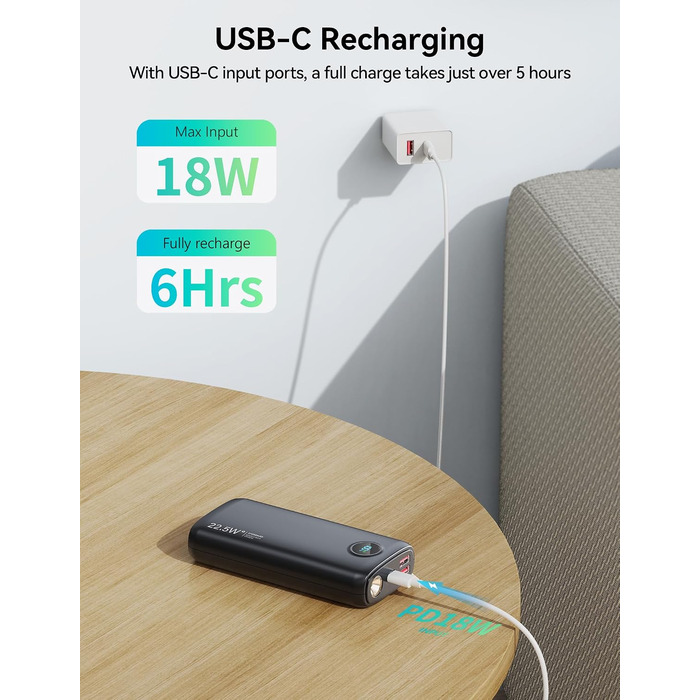 Потужний зовнішній акумулятор Power Bank 27000mAh 22.5W USB-C з LED-дисплеєм, швидка зарядка PD 3.0 та QC 4.0, вбудований ліхтар для iPhone, Samsung, iPad та смартфонів