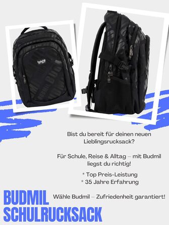 Ергономний шкільний рюкзак Budmil для хлопчиків та дівчаток, 32L, для підлітків та дітей від 5 класу, водонепроникний, з 3 відділеннями та вентильованою спинкою (Edwin Black)