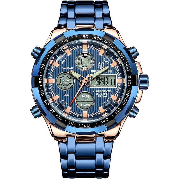 Чоловічий годинник з хронографом: сталевий, водонепроникний, з датою та будильником, аналогово-цифровий дисплей (рожеве золото/блакитний)