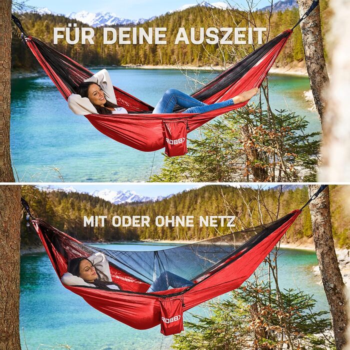 Hammock Outdoor with Mosquito Net for 2 People | 660 lbs (300kg) Weight Capacity | Double Hammock with Attachment Set | Nylon Camping Travel Hammock | 114.2 x 55.1 inches (290x140cm) (Red)