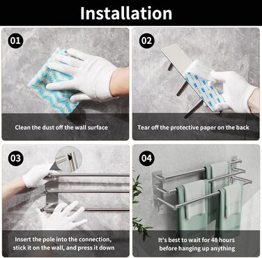 Тримач для рушників на стіну без свердління, SUS304 нержавіюча сталь, 3 стійки, 2 гачки, 60 см, сріблястий