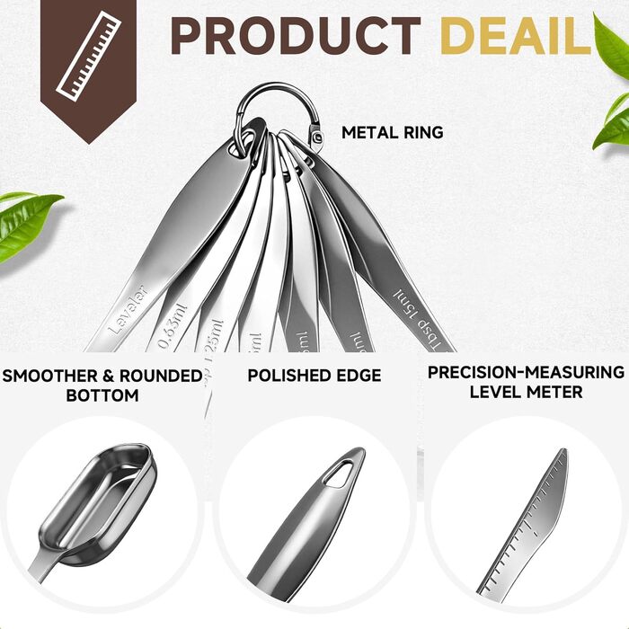 Набір мірних ложок з нержавіючої сталі 18/8 (7 шт) для спецій, протеїну, кави - довгорукі ложки для чаю, супу, дозування