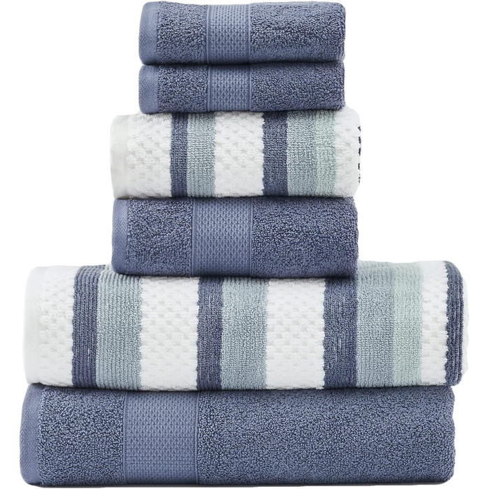 Modern Threads Pax 6-Piece Reversible Dyed Jacquard Towel Set – Bath Towels, Hand Towels, and Washcloths – Super Absorbent and Quick Drying – 100% Combed Cotton, Denim