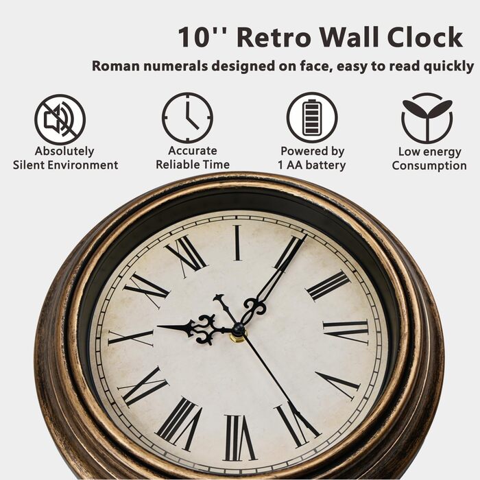 DIYZON Round Classic Wall Clock, Silent No Ticking, 40 cm High-Quality Quartz Vintage Clock, Large Numbers Retro Decorative Clock, Battery Operated, Easy to Read for Home, Kitchen, Dining Room (Gold, 25CM)