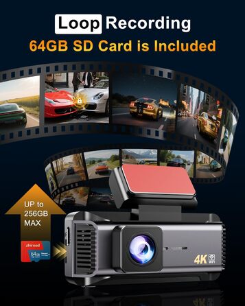Автомобільний відеореєстратор 4K з 2.99'' екраном, 5G WiFi, SD-картою 64ГБ, нічною зйомкою WDR, кутом 170°, G-сенсором та режимом паркування