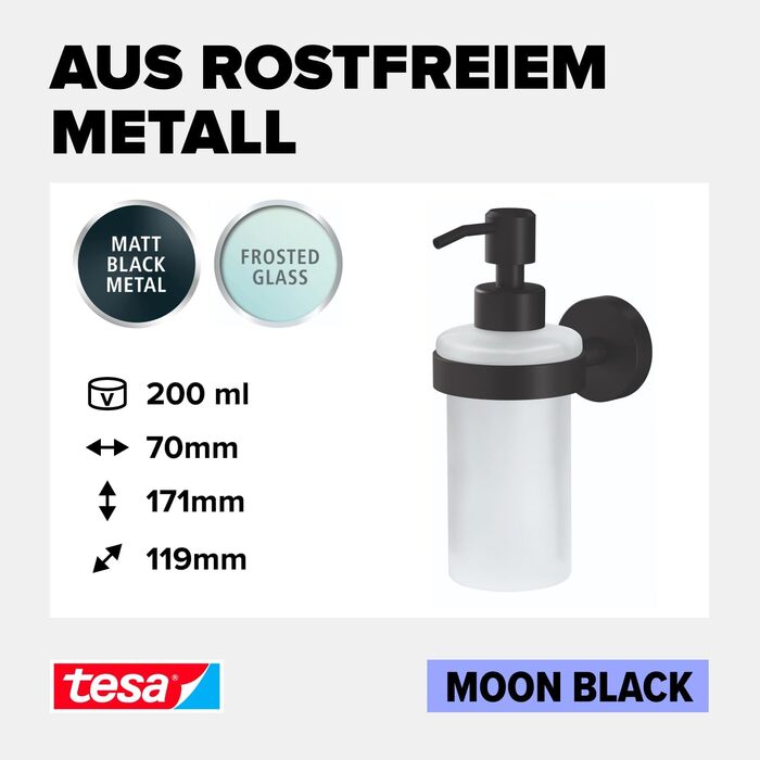 Диспенсер для мила tesa Moon Black, матовий чорний, сатиноване скло, 200 мл, настінний, без свердління, для ванної кімнати у стилі лофт та модерн