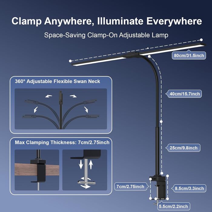 LED лампа настільна з регулюванням яскравості - 1500LM 24W, кріплення-прищіпка, з пультом, гнушкий 80см шнур, USB-порт, для офісу та дому (Чорний)