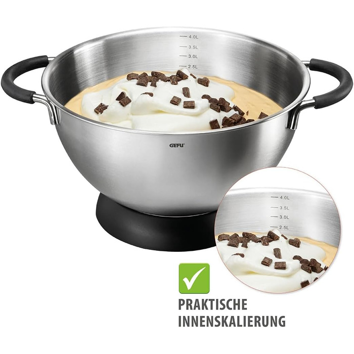 GEFU Mixing and Whisking Bowl MESCO – Stainless steel bowl with 4L volume, silicone handles & stand ring | With internal scale | Ø 24cm
