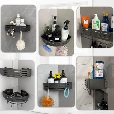 Набір з 2 полиць для душу Onemake з присосками, без свердління, сірого кольору. Дзеркальний кутовий органайзер для ванної кімнати з 6 гачками та рушником.