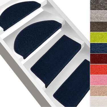Casa Pura 15-Piece Non-Slip Treppenteppich Set - Velour Stair Treads for Indoor Stairs - Blue
