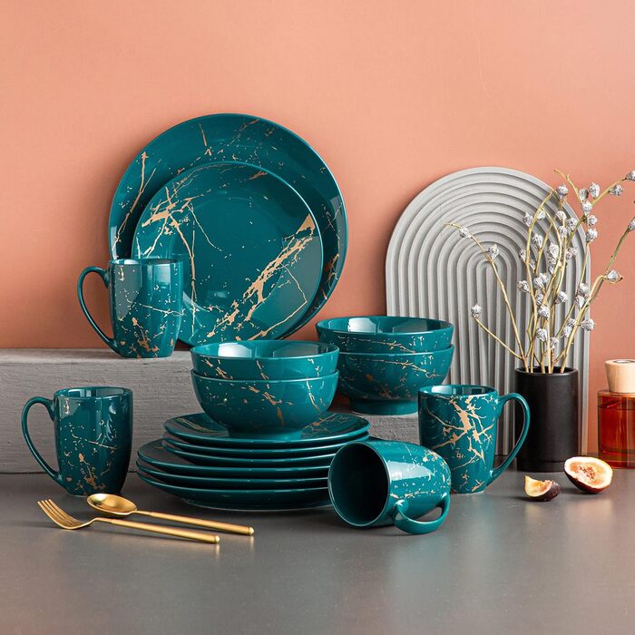LOVECASA Набір посуду з порцеляни Sweet 16, 48-елементний сервіз, посуд для їжі з золотим декором, для 4-12 осіб, бірюзовий колір