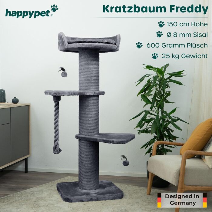 Преміум кігтеточка HAPPYPET 'Фредді' – 150 см, для Мейн-куна, з натурального сизалю, товсті стійкі стовпи (сіра)