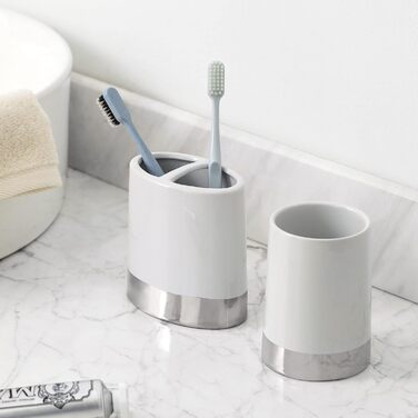 Motifeur Bathroom Accessories Set, 5-Piece Ceramic Bathroom Accessories Complete Set with Lotion Dispenser/Soap Pump, Cotton Swab Holder, Soap Dish, Tumbler, and Toothbrush Holder (White and Silver)