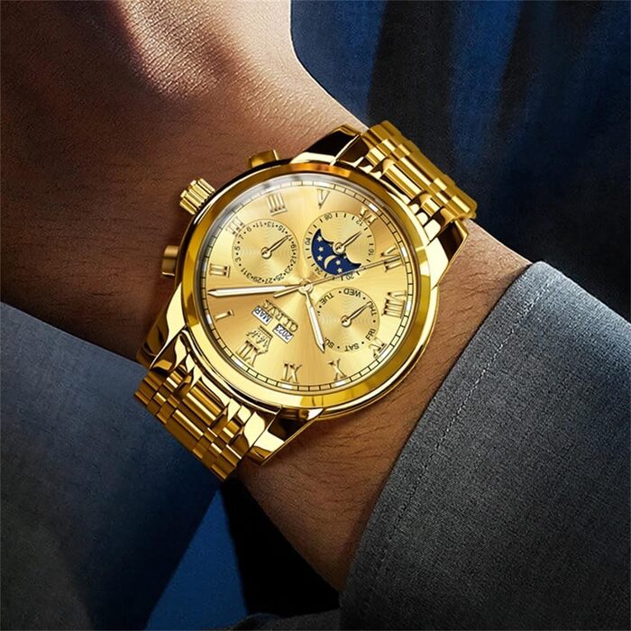 Чоловічий механічний годинник OLEVS 6692 з автопідзаводом, золотий корпус та браслет із нержавіючої сталі, функція місячної фази, календар, водонепроникний, люксовий бізнес-стиль