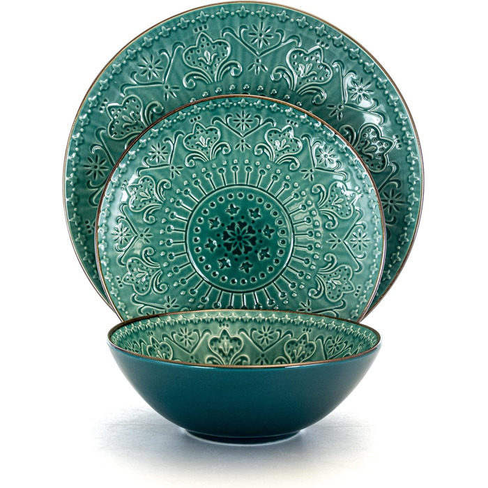 Набір посуду Elama Rund з глазурованого фарфору, рельєфний, 16 предметів, океаново-блакитний та зелений