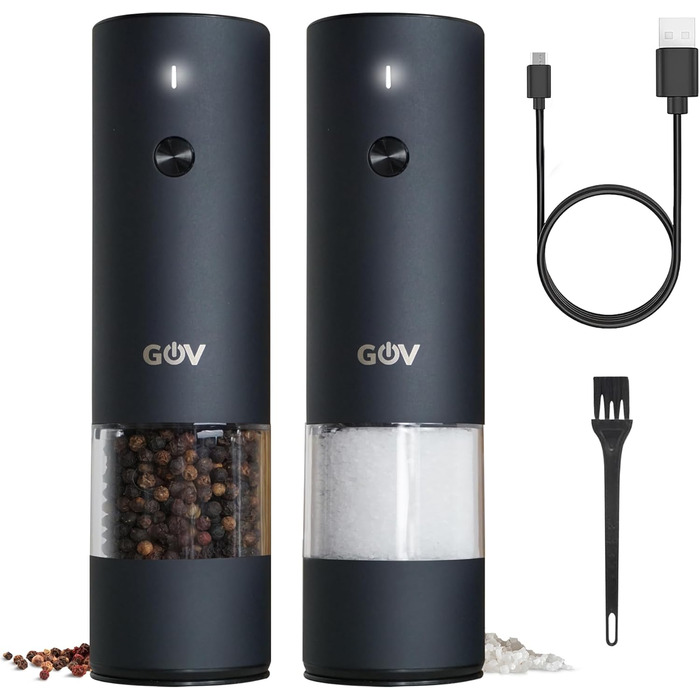 GOV Electric Pepper and Salt Grinder Set - 45 ml Black Edition - USB-C Rechargeable - 6 Adjustable Grind Sizes - Stylish Black Stainless Steel Design with LED Lamp