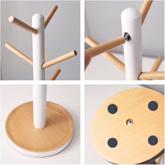 Removable Wooden Tree Cup Shelf, Coffee Cup Holder for Coffee, Tea, Mug, Display Stand, Coffee Bar Accessories with 6 Hooks (white)