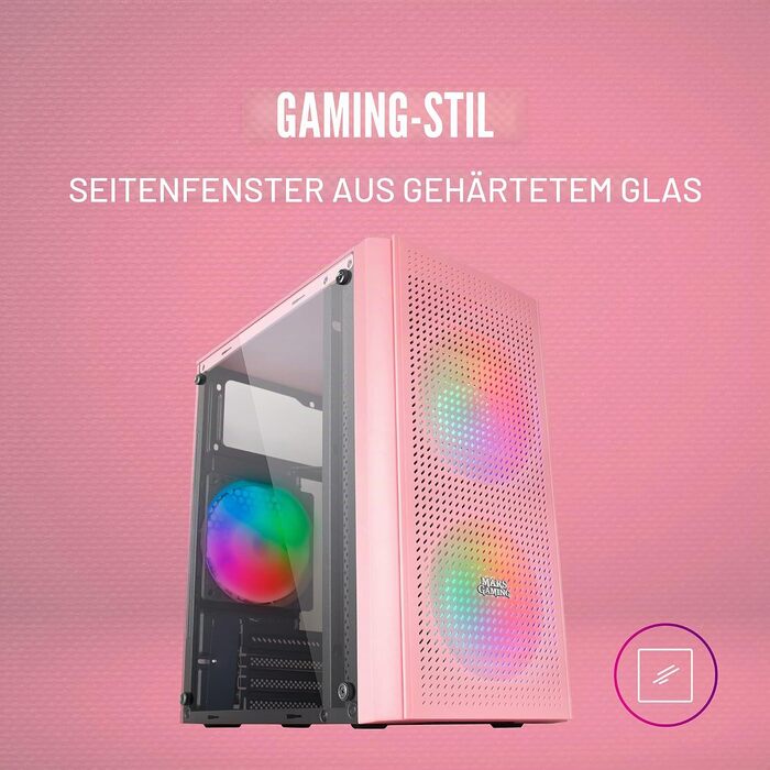 Ігровий корпус для ПК Mars Gaming MC300P MicroATX, рожевий, загартоване скло, Mesh-панель, 3x FRGB вентилятори