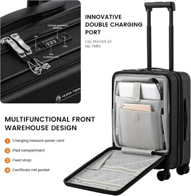 Чемодан ручної об'єм 20 дюймів з відділенням для ноутбука, легкий валіз з жорсткою оболонкою та TSA-замком, ручна поклажа на спінінгових колесах, USB-зарядний пристрій та тримач для напоїв, чорний