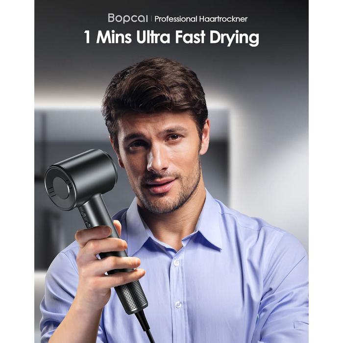 Іонізатор волосся Bopcal, 160000 об/хв, 500 млн іонів, з насадкою-дифузором, професійний фен для дому, салону, подорожей, 12 режимів, чорний