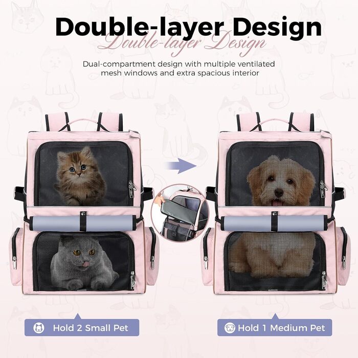 Подвійний рюкзак для котів на 2 котів, великий транспортний рюкзак для домашніх тварин, складаний рюкзак для котів та собак до 11 кг (рожевий)
