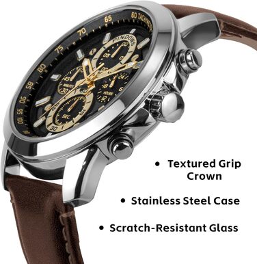 Чоловічий годинник PINDOWS: аналоговий хронограф з кварцовим механізмом, водонепроникний, для бізнесу та відпочинку. Чорний/коричневий ремінець з шкіри, золотий циферблат, сріблястий корпус.