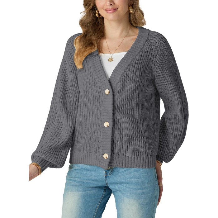 Жіночий в'язаний кардиган GRECERELLE з V-подібним вирізом та ґудзиками, сірий | Стильний в'язаний светр для осені та зими