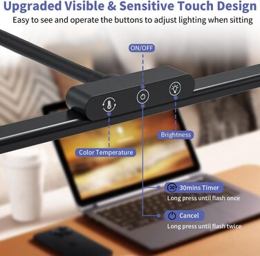 LED Desk Lamp with Adjustable Neck, 1200 Lumens, Dual Head Clamp-On for Home Office, Eye Protection, Gooseneck, Office Table Lamp, Monitor Light with 5 Color Temperature & Brightness Levels (Black-Metal Base)