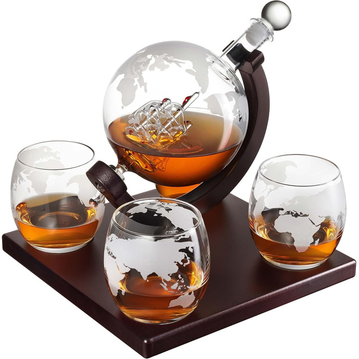 Crystal Whiskey Decanter Globe Set with 4 Glasses - Bourbon, Rum, Scotch Gift for Men, Dad, Him - Transparent Globe Decanter Set