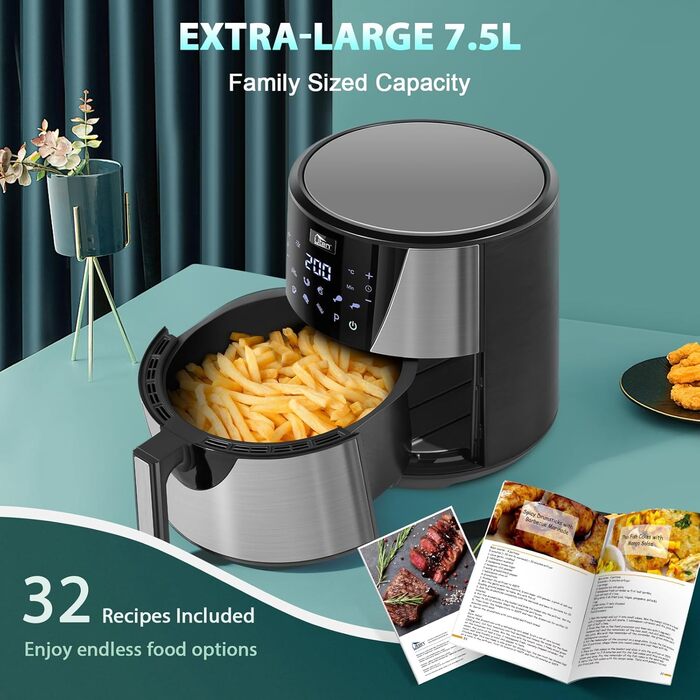 Електрична фритюрниця Uten 5.5L XXL з гарячим повітрям, 1700W, таймер, антипригарне покриття, для 2-8 осіб, чорна