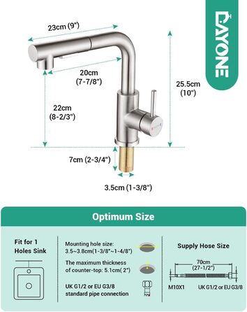 Кухонний змішувач Dayone з висувною лійкою, нержавіюча сталь SUS304, високий тиск, 2 функції, поворотна лійка 360°, L-подібна форма, G6808bn
