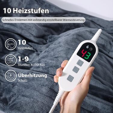 Електрична ковдра з автовимкненням Elytsemoh, 10 температурних режимів, таймер до 9 годин, фланель 160 x 130 см, пральна машина, захист від перегріву, сірий колір, для дивану, офісу