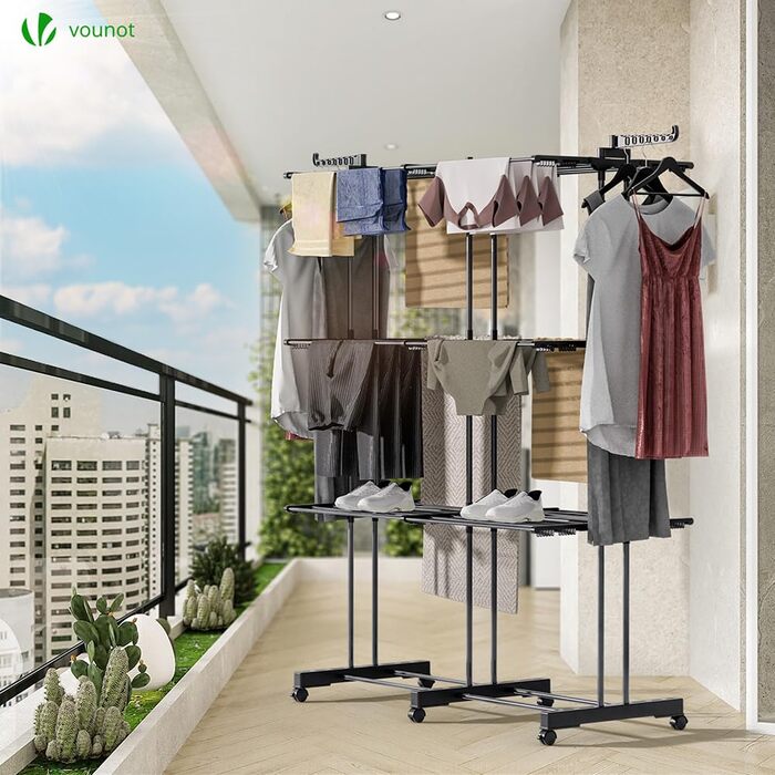 VOUNOT® Сушарка для білизни Турм Розкладна, для дому та вулиці, з розкладними крилами, телескопічною штангою, 6 колесами, 40м довжини сушіння, 3 яруси, білий (чорний) колір