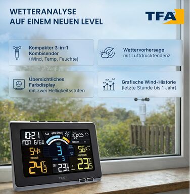 Метеостанція TFA Dostmann Spring Breeze з анемометром, чорна: прогноз погоди, годинник, історія, точка роси