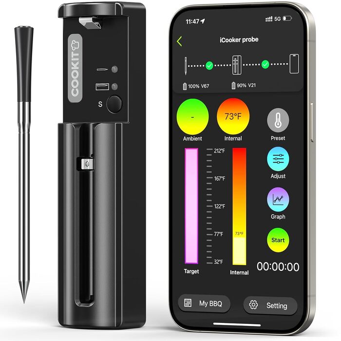 Розумний термометр для м'яса 800FT з тонким зондом 5.5мм, Bluetooth 5.3, для гриля, BBQ, кухні, духовки, коптильні (чорний)