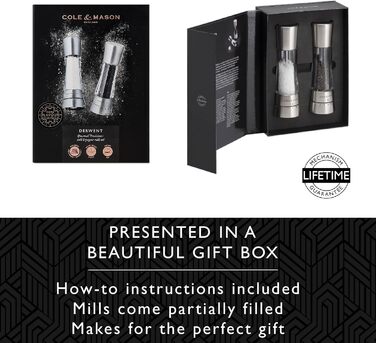 Cole & Mason Derwent Salt & Pepper Mill Set – 19cm, Adjustable Ceramic Grinder, Stainless Steel & Acrylic Design, Color: Stainless Steel, Precise Grinding, Durable