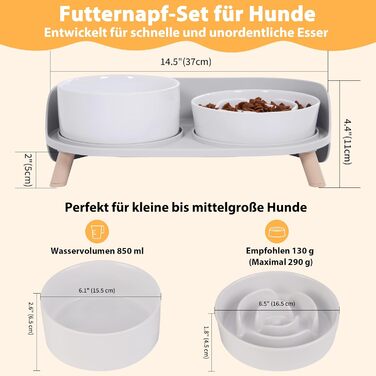 Набір мисок для собак з кераміки, піднятий на платформі: миска для повільного годування, набір з двох мисок для маленьких та середніх собак, годівниця та поїлка з антиковзним підставкою, колір - білий