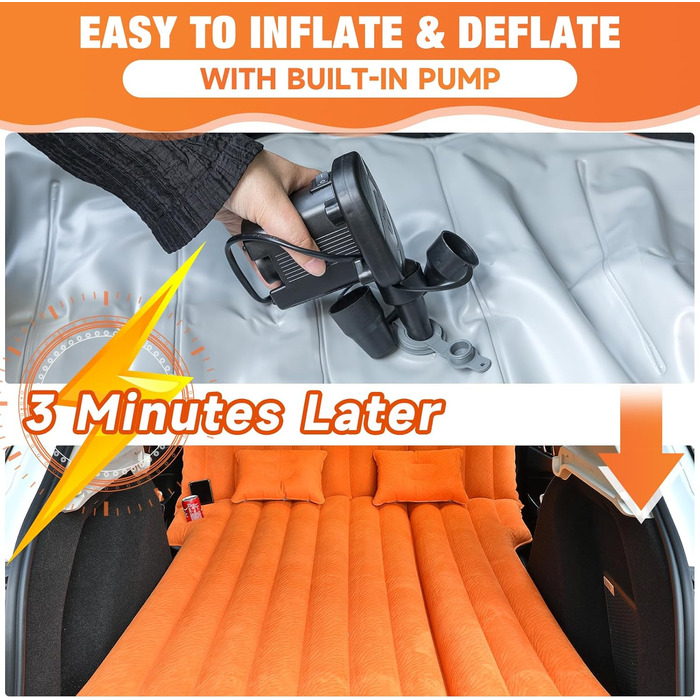 Automatic Inflatable Air Mattress for SUV - Flocked Surface, 2-Pillow Air Bed for Car Trunk, Travel, Camping & Home Use (Orange, 183x124x10 cm)
