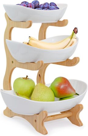 Dimono® Етажерка для сервірування: 3-ярусна етажерка для подачі їжі з керамічних мисок та бамбукового підставки. Ідеально для десертів, фруктів, овочів та солодощів.