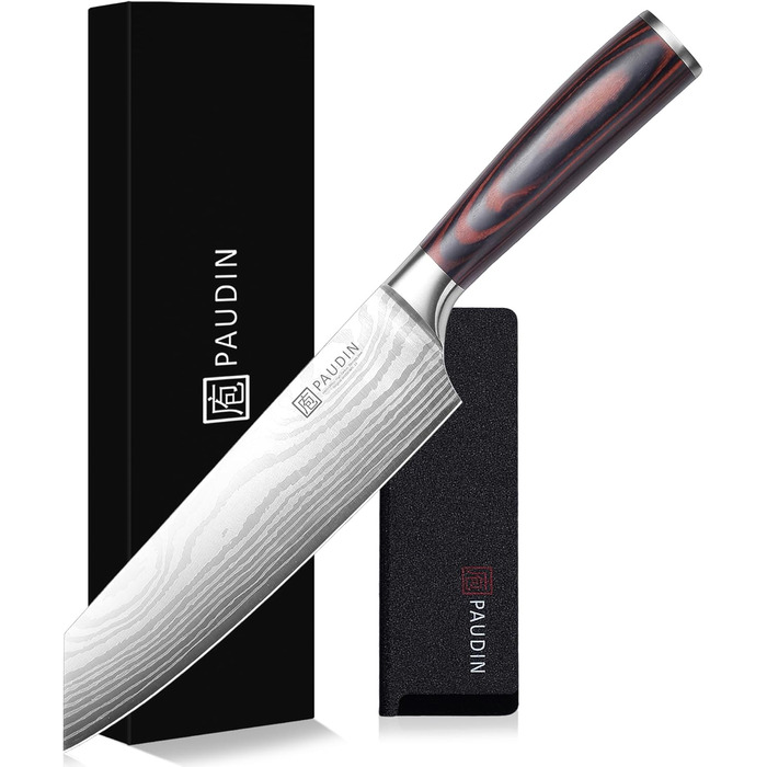 Японський ніж Santoku від Paudin, 20 см, Kiritsuke, з високоякісної сталі, ергономічна ручка, для м'яса, риби та овочів