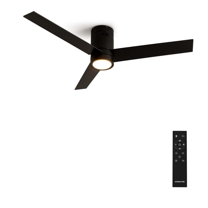 Стеляний вентилятор WINDMINIMAL білий з освітленням та пультом керування. Тихий, таймер, DC-двигун, 40W, діаметр 132 см, 6 швидкостей, режим літо/зима (чорні лопаті)