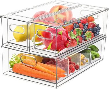 Refrigerator Organizer Drawer Set with Handle, 3-Piece Stackable Kitchen Storage Boxes with Pull-Out Drawer & Lid for Vegetables, Berries, Meat | PET Plastic Food Storage Containers