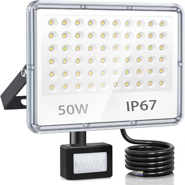 LED Floodlights with Motion Sensor Outdoor 50W 2 Pack, 5000LM LED Spotlights with Motion Sensor, 7000K Cold White Outdoor Floodlights, IP67 Waterproof Floodlight for Warehouse, Garden, Garage (50W-1PC)