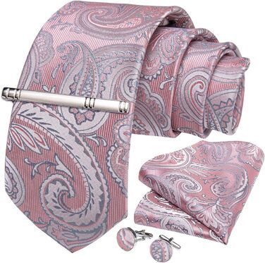 Краватка з візерунком пейслі для чоловіків DiBanGu, шовкова краватка, нагрудна хустинка, запонки, затискач для краватки, для весілля та балу, рожевий пейслі