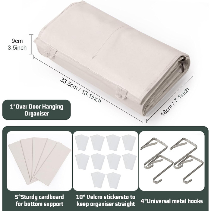 Організатор для дверей з 4 кишенями, Бохо декор, Настінна полиця-організатор з 2 гачками, Складаний настінний органайзер для спальні, дитячої кімнати, ванної (5 кишень-слонова кістка)