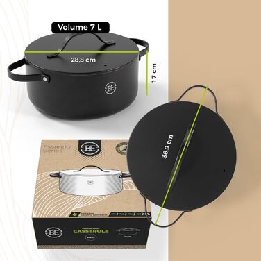 Каструля Be Living Essential з кришкою, 24 см, 7 л, антипригарне покриття Keramik Antihaft, для індукційних плит, без PTFE та PFOA, чорна