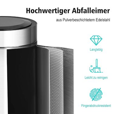 Відро для сміття Ribelli 30L з нержавіючої сталі, з педальним механізмом, м'яким закриттям, для сортування сміття, кругле (матова сіра сталь з датчиком)